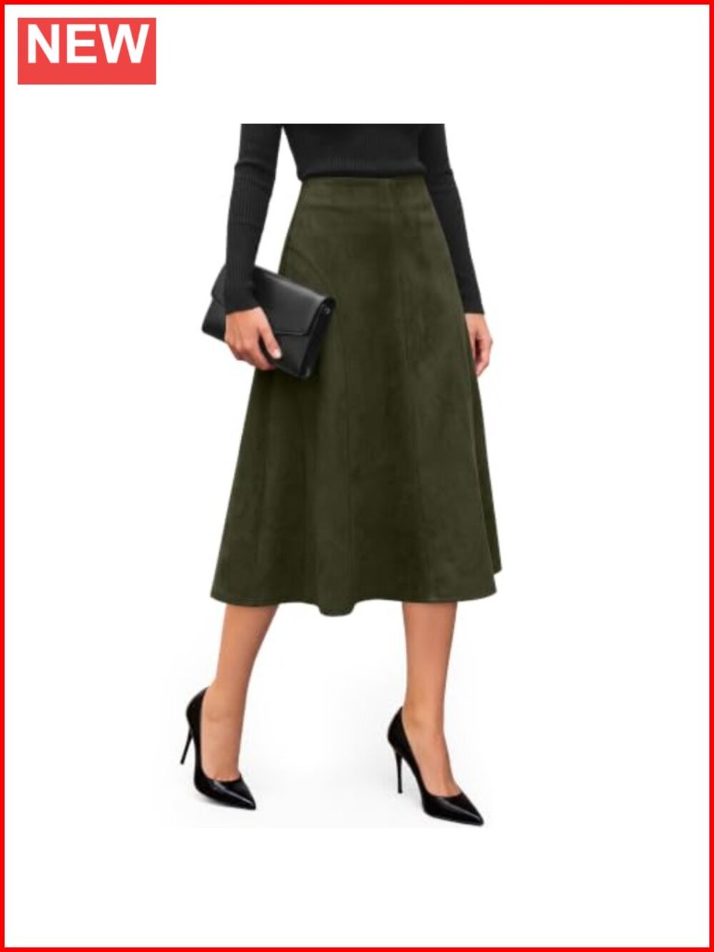 Faux Suede Midi Skirt High Waist A Line Flared for Women